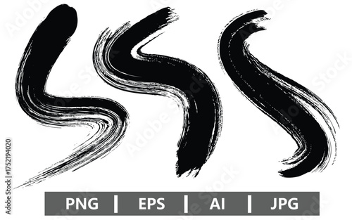 Three black brush strokes in curved shapes on a white background in vector format