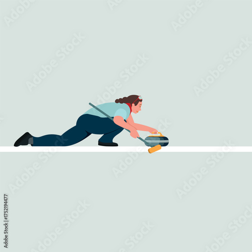Vector illustration of the winter sport curling, featuring a curling stone sliding across the ice with a broom used to guide its path.