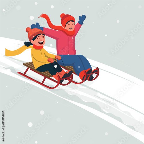 Vector illustration of girls joyfully sledding down a snowy mountain slope, enjoying the thrill and fun of the winter activity