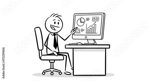 A stick figure with a tie points upwards, a thought bubble floats above him, smiling expression.