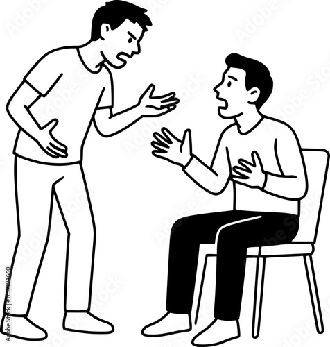 Black and white minimalist vector of two friends arguing and talking emotionally, showing expressive gestures and modern communication conflict.
