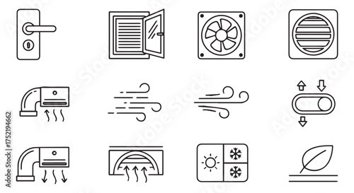 Collection of air conditioning and ventilation icons isolated on transparent background