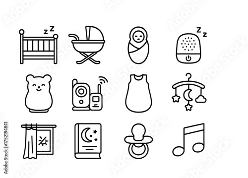 Vector Baby essentials icons collection: crib, stroller, swaddle, sleep monitor, toys, mobile, curtain