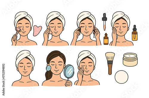 Vector Caucasian female skincare routine: tools and steps with animated illustrations