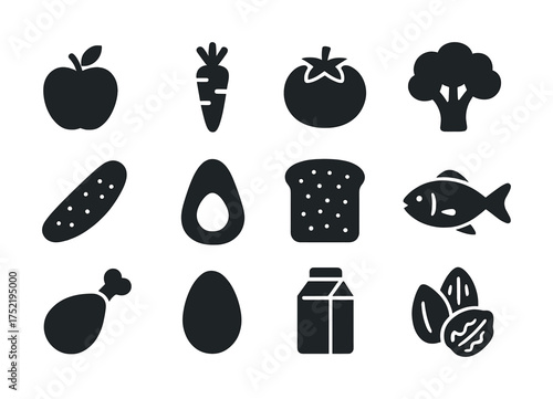 Vector Assorted food icon set featuring fruits, vegetables, bread, fish, and dairy