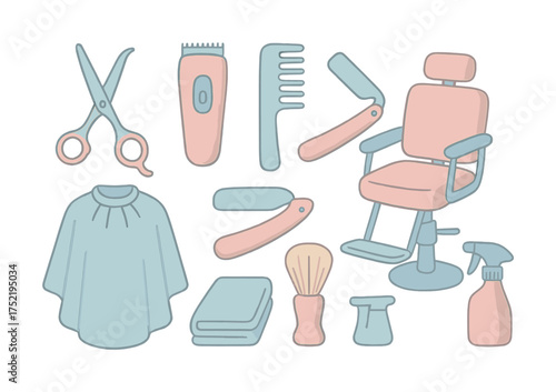 Vector Barber tools and equipment set: scissors, clippers, chair, comb, razor, cape, spray bottle