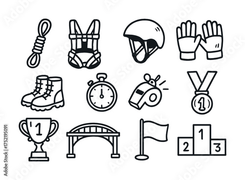 Vector Sporting equipment icons: helmet, stopwatch, medal, trophy, rope, whistle, flag, gloves