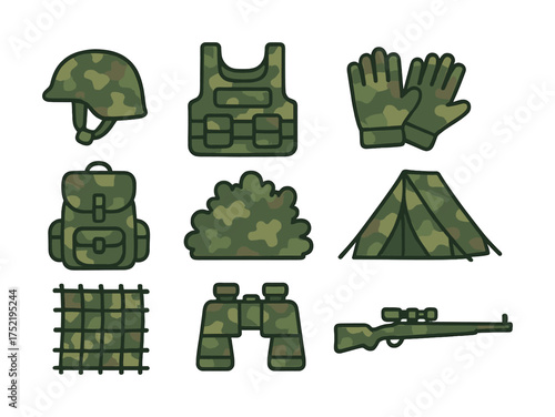 Vector Camouflage military gear: helmet, vest, backpack, gear bush, tent, net, binoculars, rifle