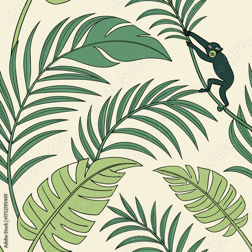 A playful dark green monkey swings on a vine amidst a repeating pattern of lush green tropical palm and banana leaves against a light cream background
