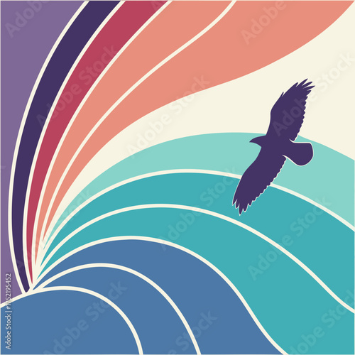 A solitary dark purple bird soars gracefully across a stylized abstract landscape of flowing wavy lines in muted retro colors