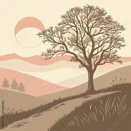 A solitary bare tree stands on a grassy hill overlooking rolling hills and a stylized sun in a muted color palette evoking a sense of calm and solitude