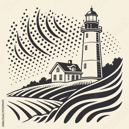 A stylized black and white illustration of a coastal lighthouse and keeper s cottage perched on a rolling hill overlooking patterned fields and a sky filled with abstract dots and waves