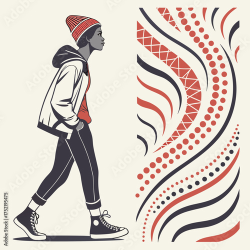 A stylish young black woman wearing a red beanie and a white jacket walks confidently next to a vibrant abstract pattern with red and blue wavy lines and dots