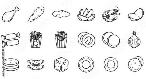 Assortment of food and ingredient icons isolated on transparent background