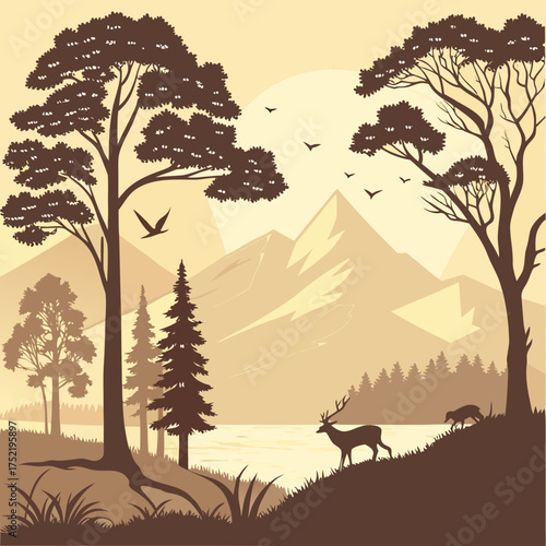 Serene natural landscape silhouette featuring a majestic deer and a fox on a grassy hill overlooking a tranquil lake with distant mountains and birds flying in the sky
