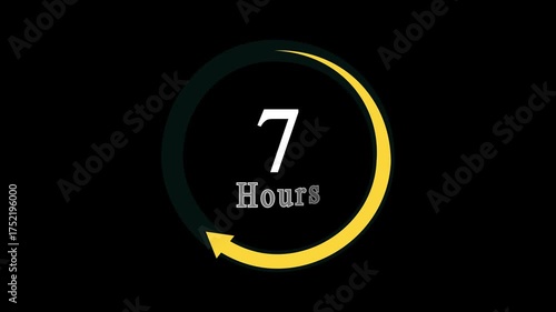 Stopwatch moving clock icon animation with 7 hours countdown clock icon, a dynamic circle and 7 hours clock loading icon animation on black background.