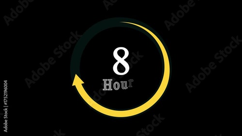 Stopwatch moving clock icon animation with 8 hours countdown clock icon, a dynamic circle and 8 hours clock loading icon animation on black background.