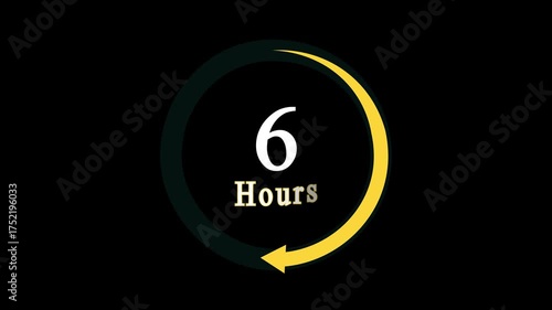 Stopwatch moving clock icon animation with 6 hours countdown clock icon, a dynamic circle and 6 hours clock loading icon animation on black background.