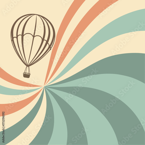 Vintage hot air balloon silhouette floating against a retro sunburst background with pastel orange teal and cream stripes radiating outwards