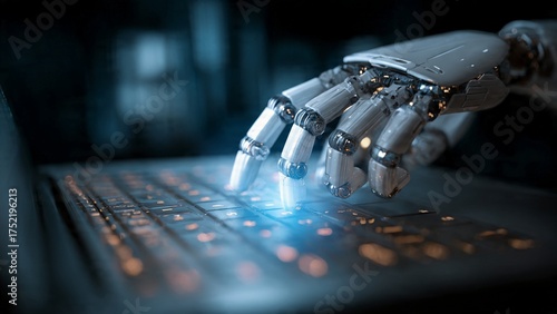 Robot typing holographic keyboard in dark lab