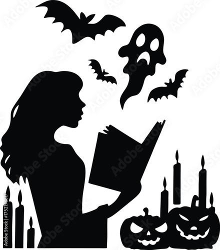 Silhouette of woman reading book surrounded by Halloween symbols