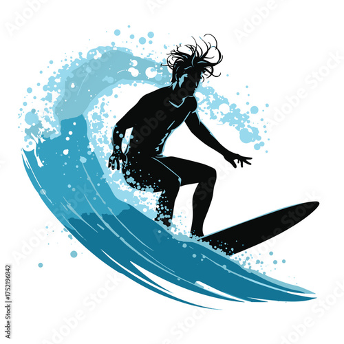 Silhouette of a surfer riding a wave, isolated on white background