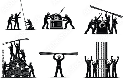 Construction workers silhouette set using a power trowel for floor finishing, carrying heavy materials, and reviewing blueprints, vector illustration for concrete work and site project management.