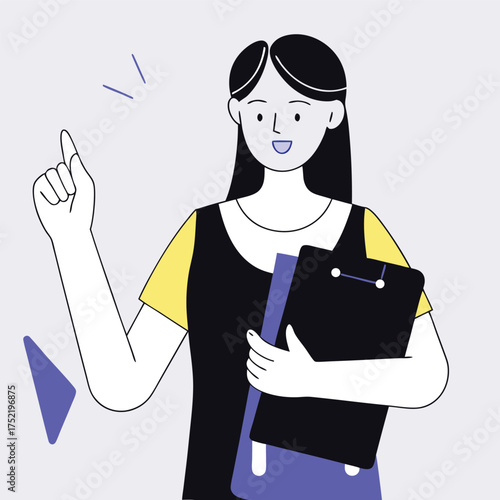 Woman holding clipboard pointing finger up vector