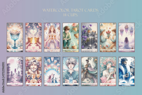 Set of 14 Tarot Cards Suit of Cups.