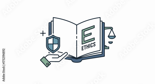 Open book shows business ethics, hand holds protective shield, balance scale. Graphic depicts corporate responsibility, moral guidelines, legal compliance,