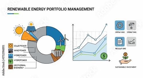 Donut chart shows green energy portfolio, solar, wind, hydro, geothermal sources. Line graph depicts financial growth, sustainable investment for green energy. Key green energy graphic for reports,