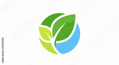Nature logo displaying fresh green leaves and light blue circle representing water. Nature logo showcases ecology concept, vibrant foliage and environmental care, symbolizing organic purity.