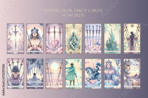 Set of 14 Tarot Cards Suit of Swords.