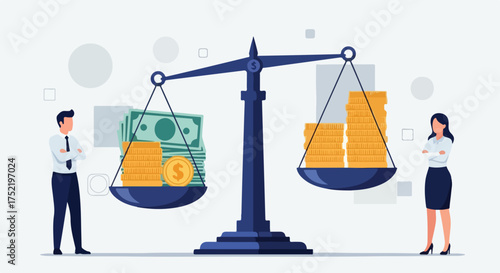 Equal pay gap shown by balance scale with businesswoman and businessman, equal pay highlighted. Money and gold coins balance equally, presenting equal pay between workers.