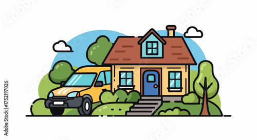 Cartoon house and car with garden and trees, creating peaceful residential scene. Cartoon house illustration displays typical suburban architecture. Ideal cartoon house illustration for real estate,