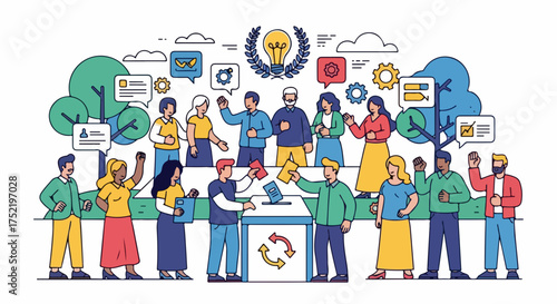 Diverse people participate in community engagement around ballot box with recycling symbol. Collaborative community engagement illustrates collective decision making, sustainability concepts,