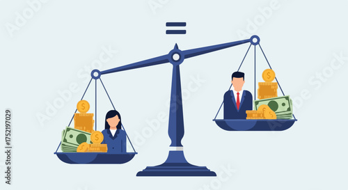 Pay equity balance with equal wages for both men and women shown on scales. Pay equity concept features salary equality with earnings balanced for social justice.