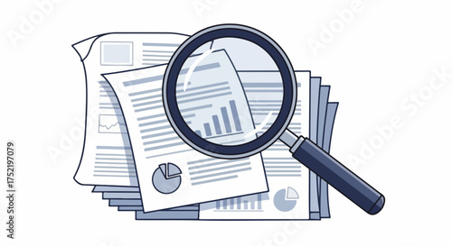 Paper documents and magnifying glass for data analysis and verification. Paper documents show charts, graphs, and diagrams for detailed insights.