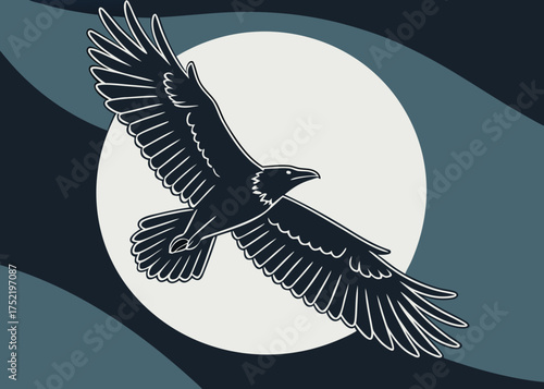 A raven soars against a full moon with stylized waves in shades of blue and gray background design created with generated ai