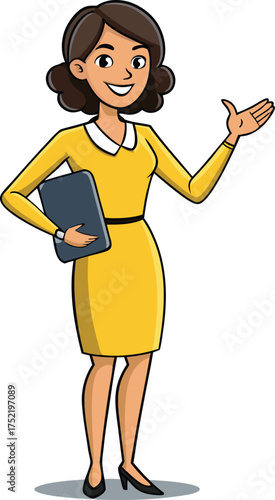 Woman in yellow dress holding a taB And gesturing