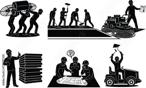 Industrial pipe welders and maintenance workers silhouette set with large wrench and tools, vector illustration for plumbing, heavy duty repair, and problem-solving in the oil and gas industry.