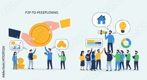 Peer to peer transaction shows hand giving dollar coin to people, symbolizing financial cooperation and shared ideas. Modern peer to peer model illustrates community investment, project development,