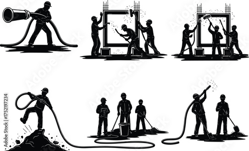 Underground and tunnel construction workers silhouette set installing cables, using heavy machinery, and illuminating the passage, vector illustration for mining, infrastructure.