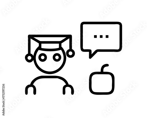 Line art icon of a jester with a speech bubble and apple