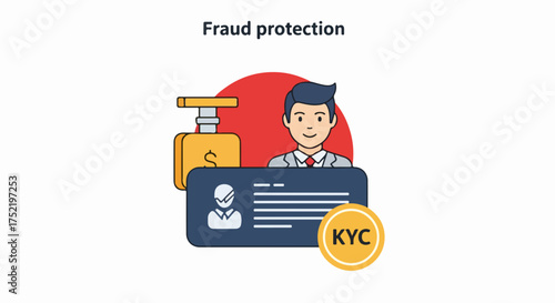 Illustration showing identity verification process with male avatar, secure identification card, and digital money block. Successful identity verification helps prevent fraud,
