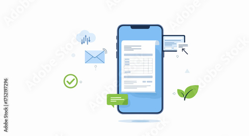 Electronic invoice presented on blue smartphone screen with cloud and email icons. Concept of using electronic invoice to send receipts in digital form, for eco friendly billing solutions.