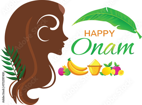Woman silhouette with fruits and Onam text Kerala India