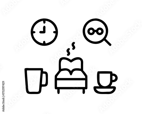 Icon of a bed, coffee, and magnifying glass representing dream analysis