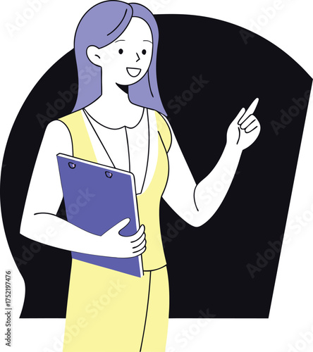 Woman with purple hair holding clipboard pointing finger