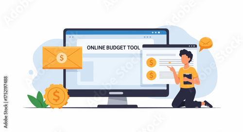 Online budget tool displayed on computer screen with financial planning elements. This online budget tool includes illustrations of a woman and coin icons,